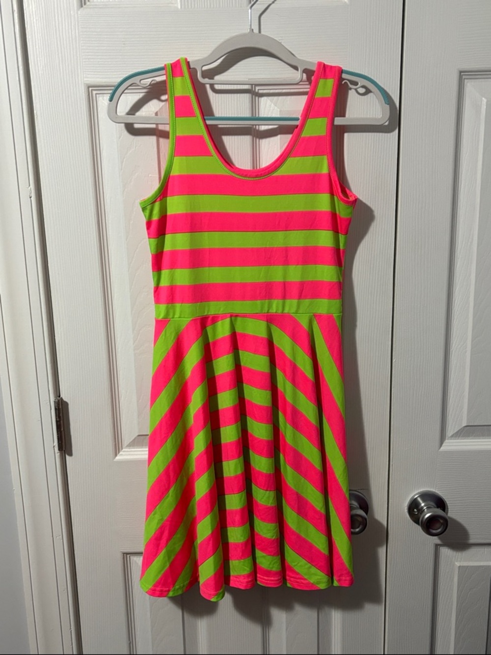 Neon Pink + Lime Green Striped Fit & Flare Dress